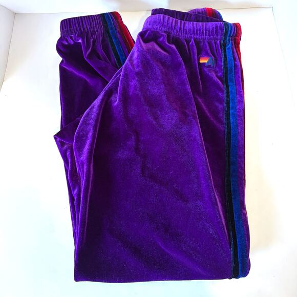 AVIATOR NATION 5 Stripe Velour Velvet Sweatpants in Purple Size S - Picture 6 of 14